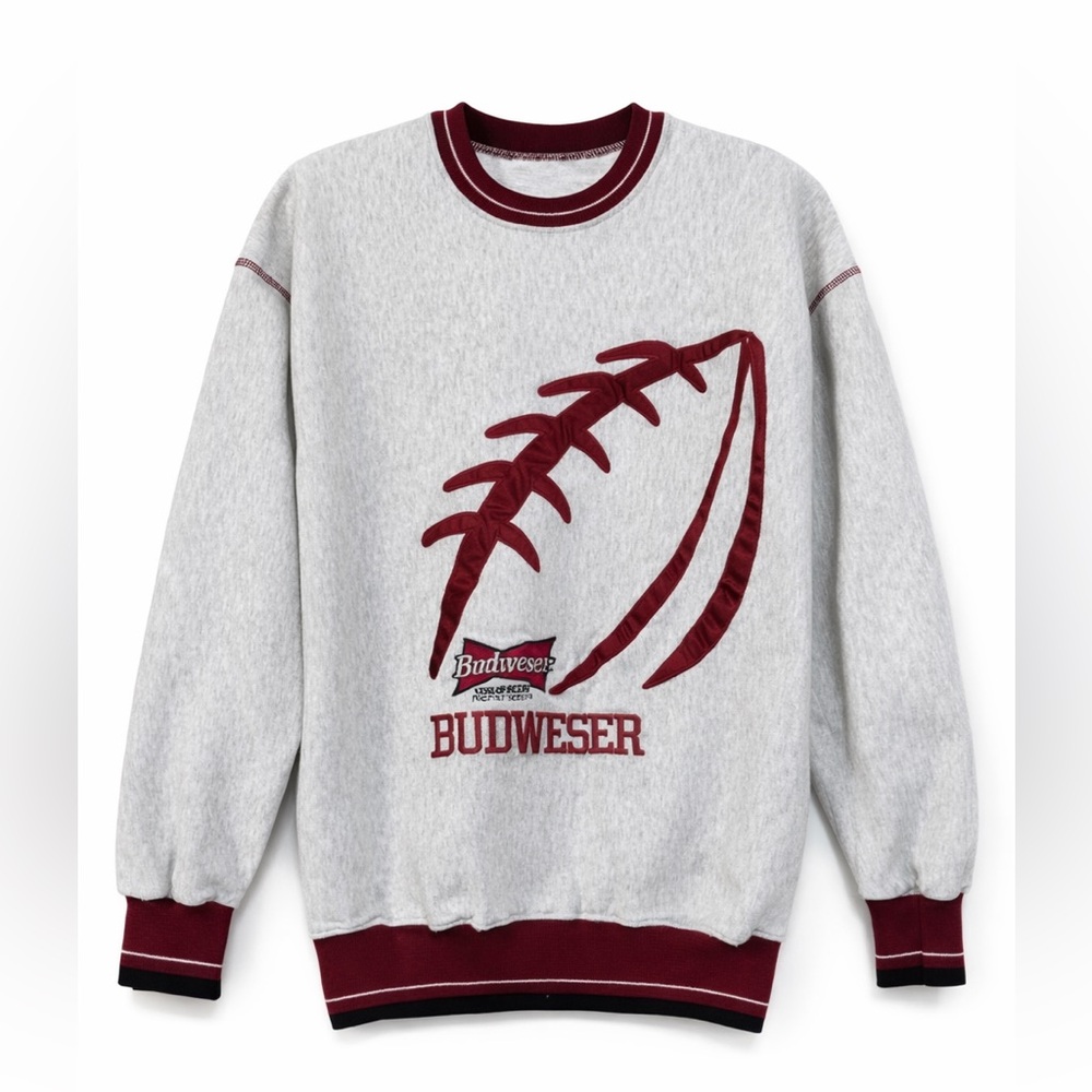 Budweiser Vintage Football Lace Appliqué Crewneck Sweatshirt Made in USA Size L